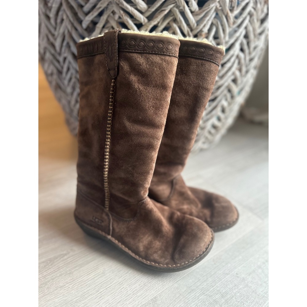 UGG Australia Sheepskin Swell Brown Suede Leather Pull On Boots Womens Sz 6 Warm
